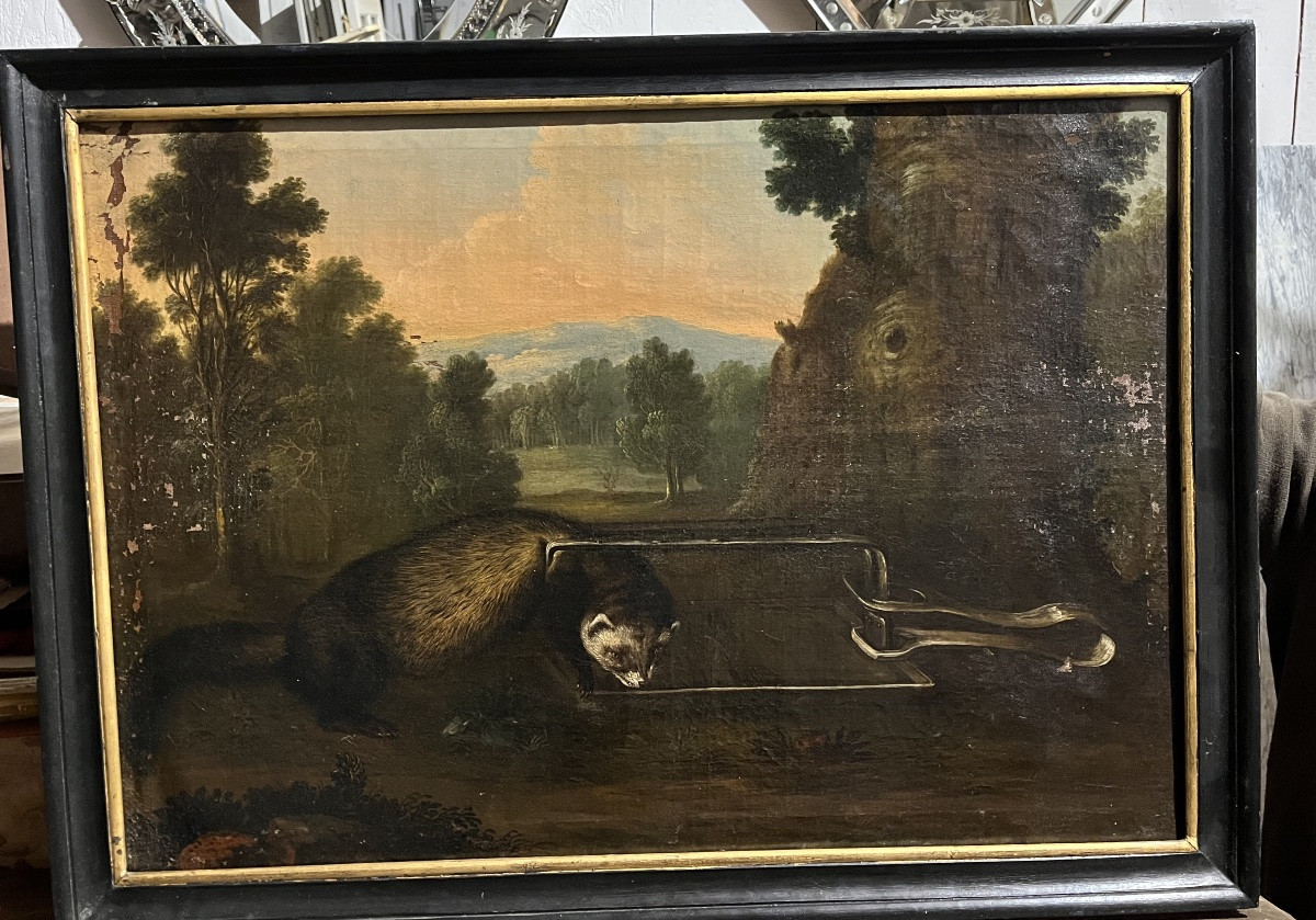 The Trapped Badger - Oil On Canvas, 18th Century-photo-7