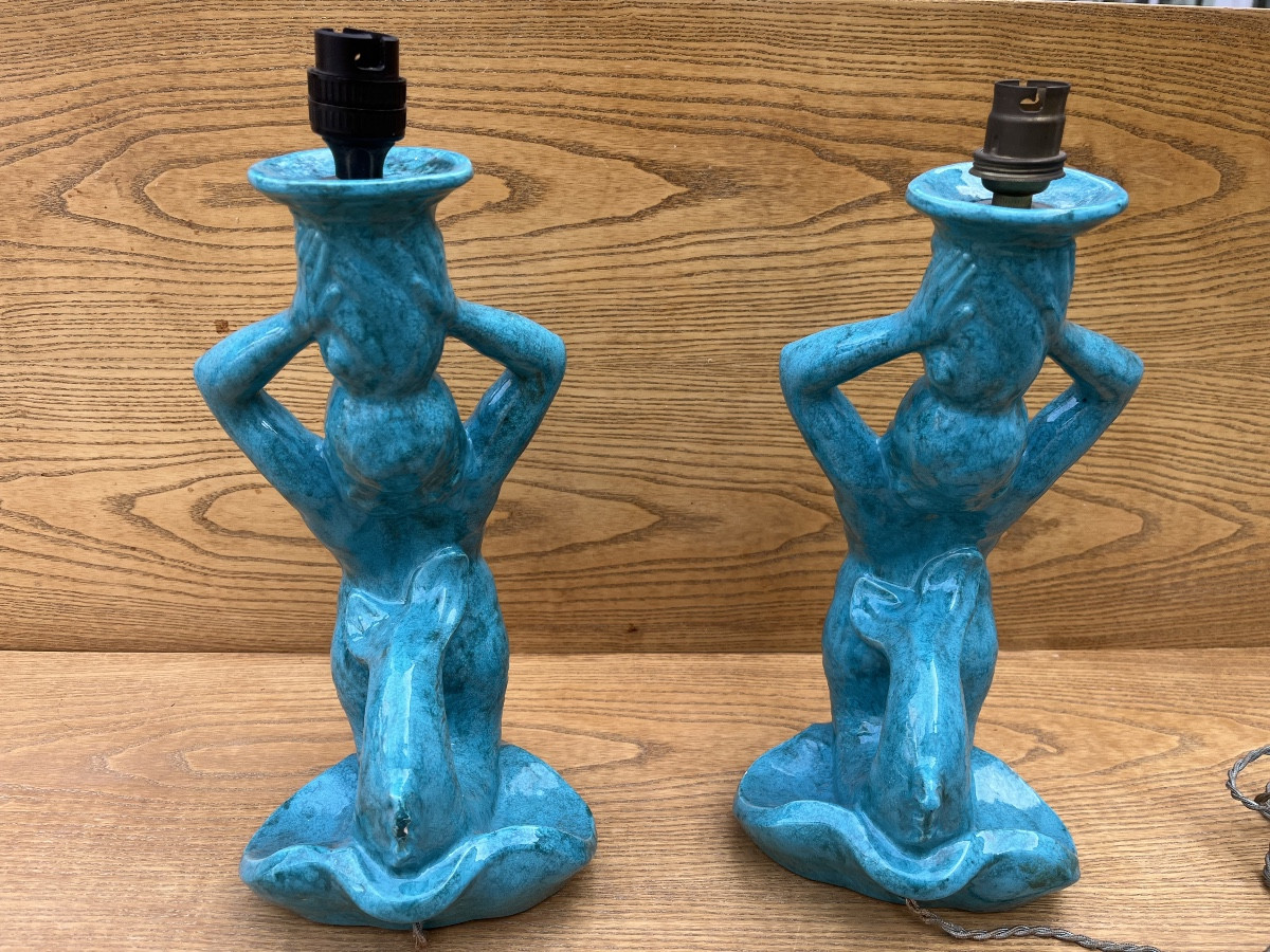 Paire de lampes Sirène en céramique bleu des années 50-photo-2