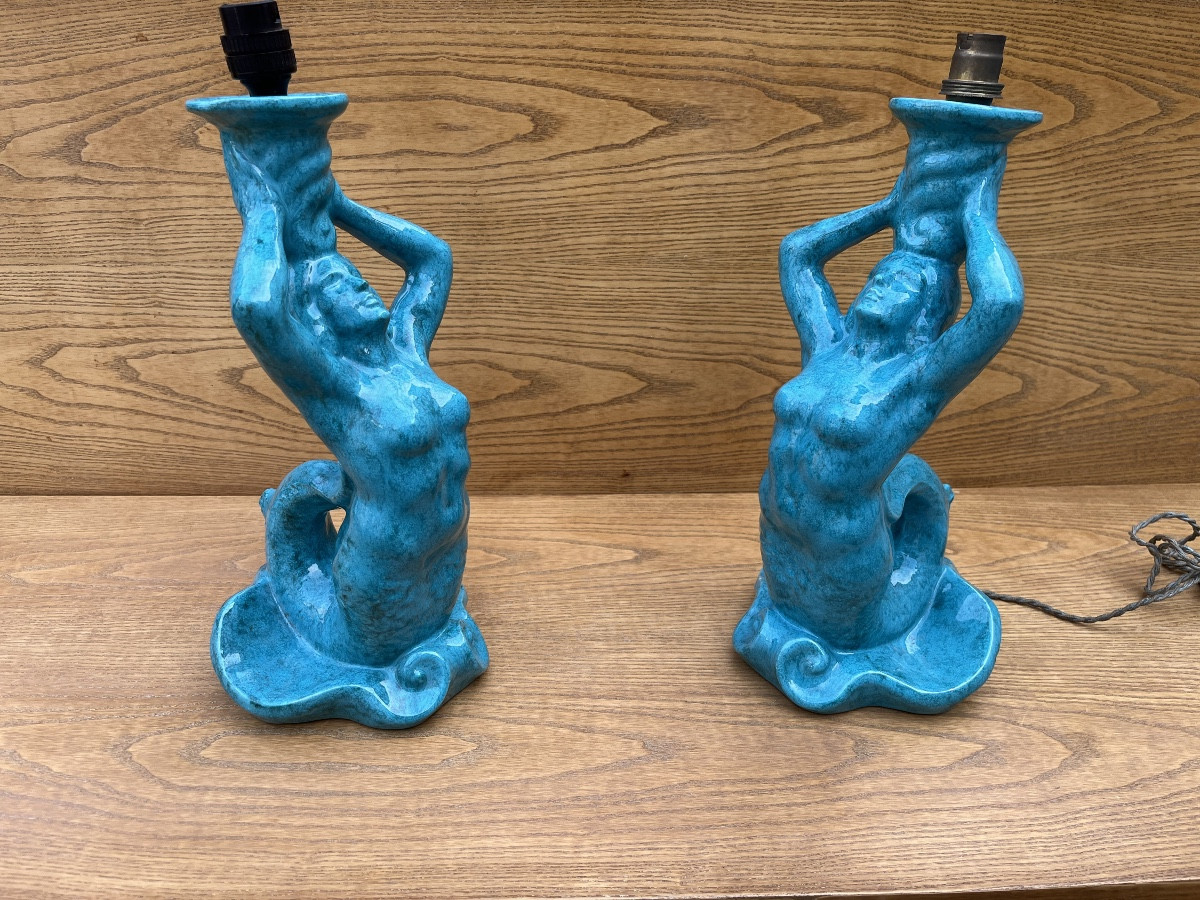 Paire de lampes Sirène en céramique bleu des années 50-photo-4