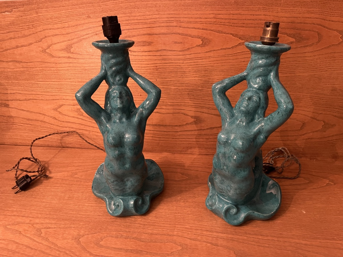 Paire de lampes Sirène en céramique bleu des années 50-photo-1