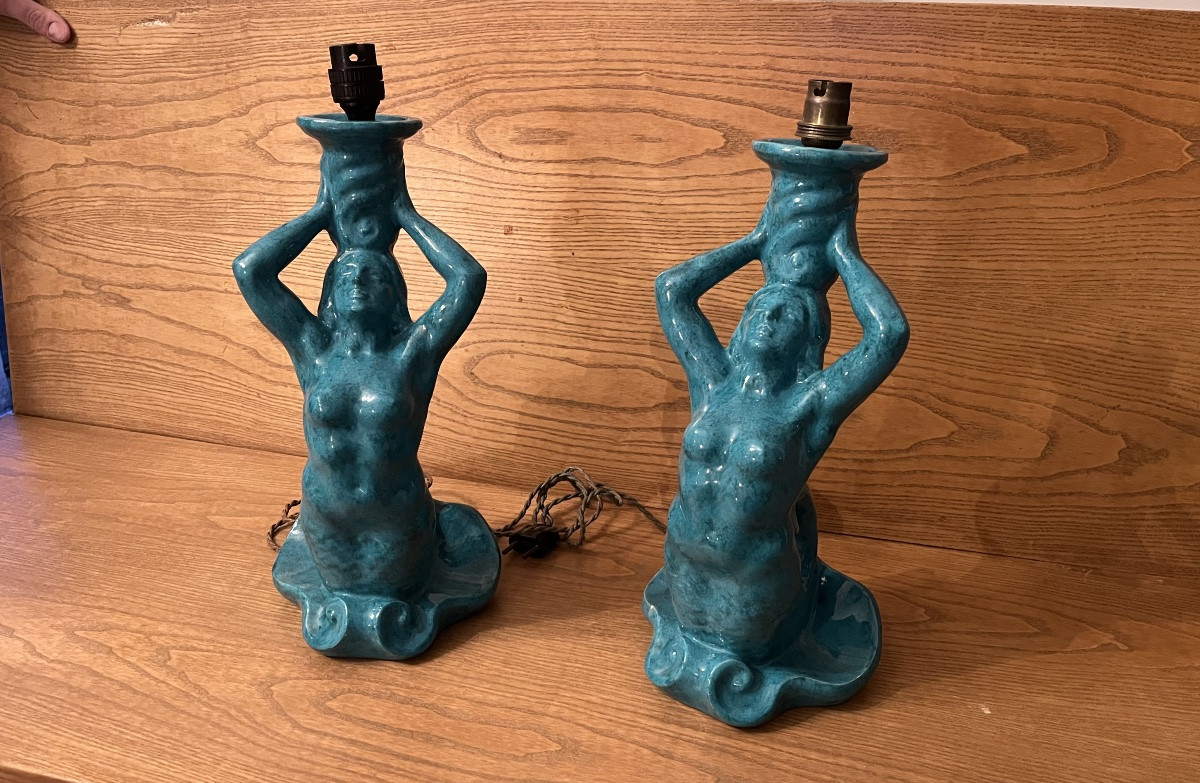 Paire de lampes Sirène en céramique bleu des années 50-photo-3