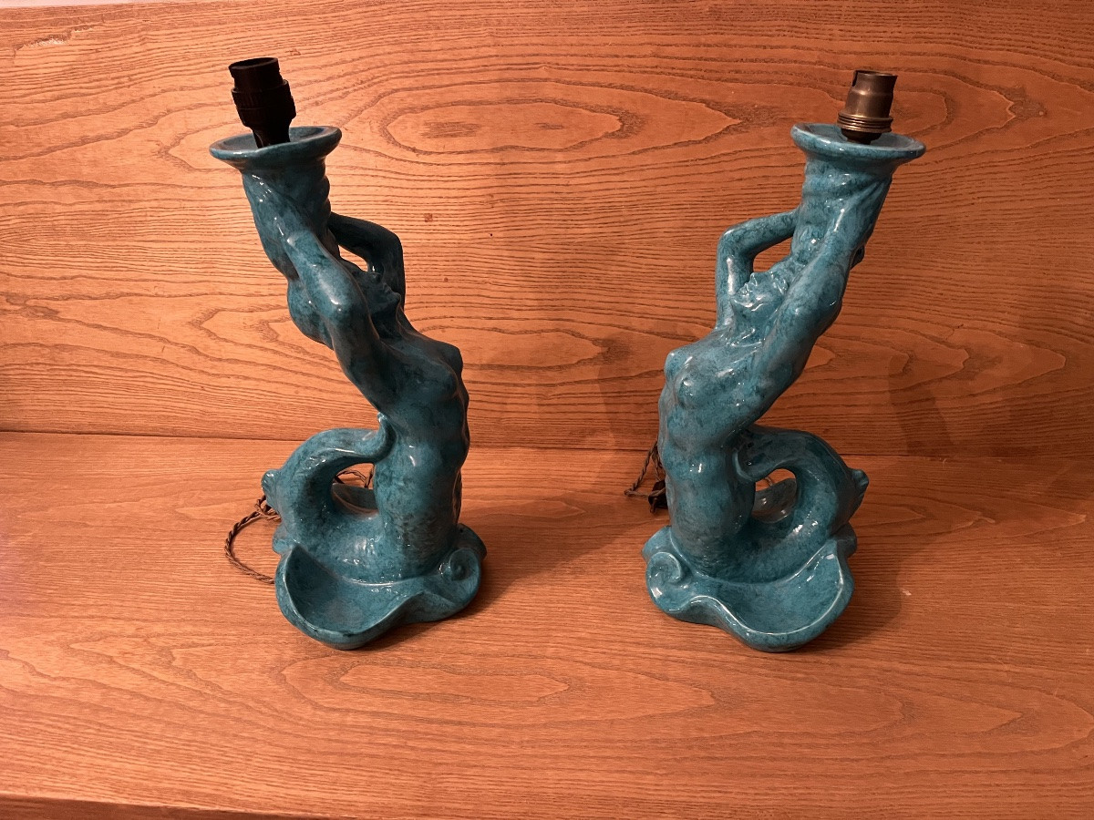 Paire de lampes Sirène en céramique bleu des années 50-photo-4