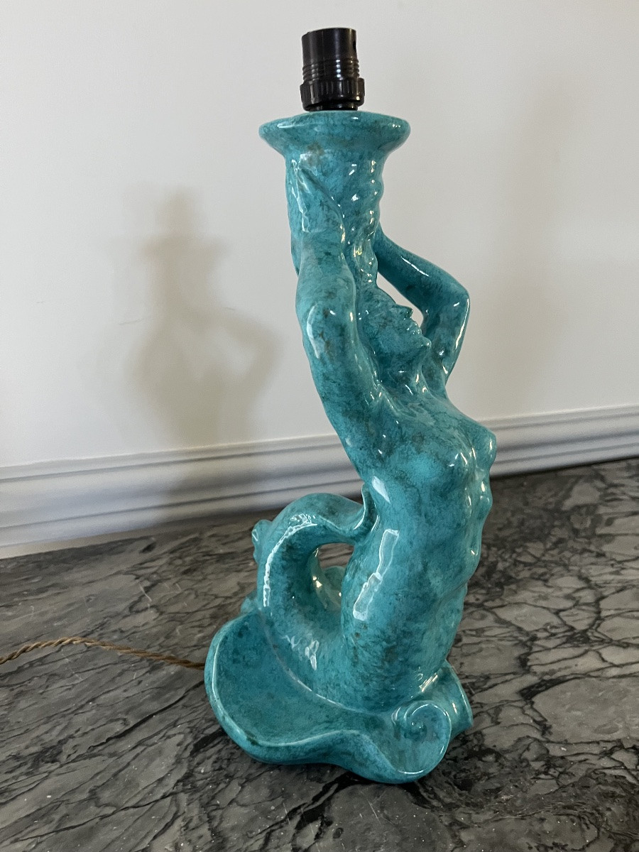 Paire de lampes Sirène en céramique bleu des années 50-photo-8