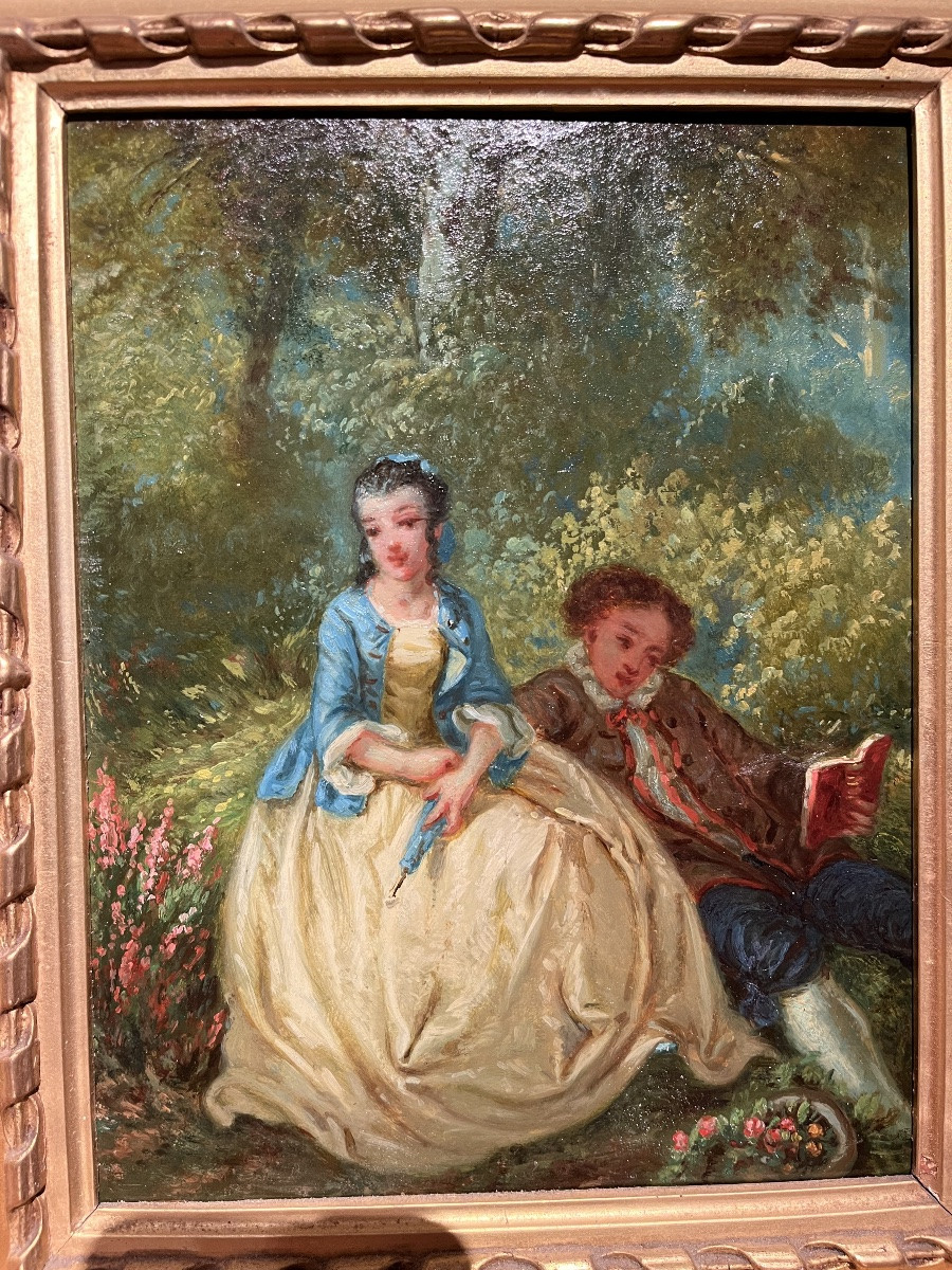 Scènes galantes - deux huiles sur panneau XIXe-photo-2