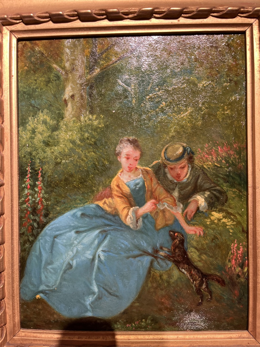 Scènes galantes - deux huiles sur panneau XIXe-photo-3
