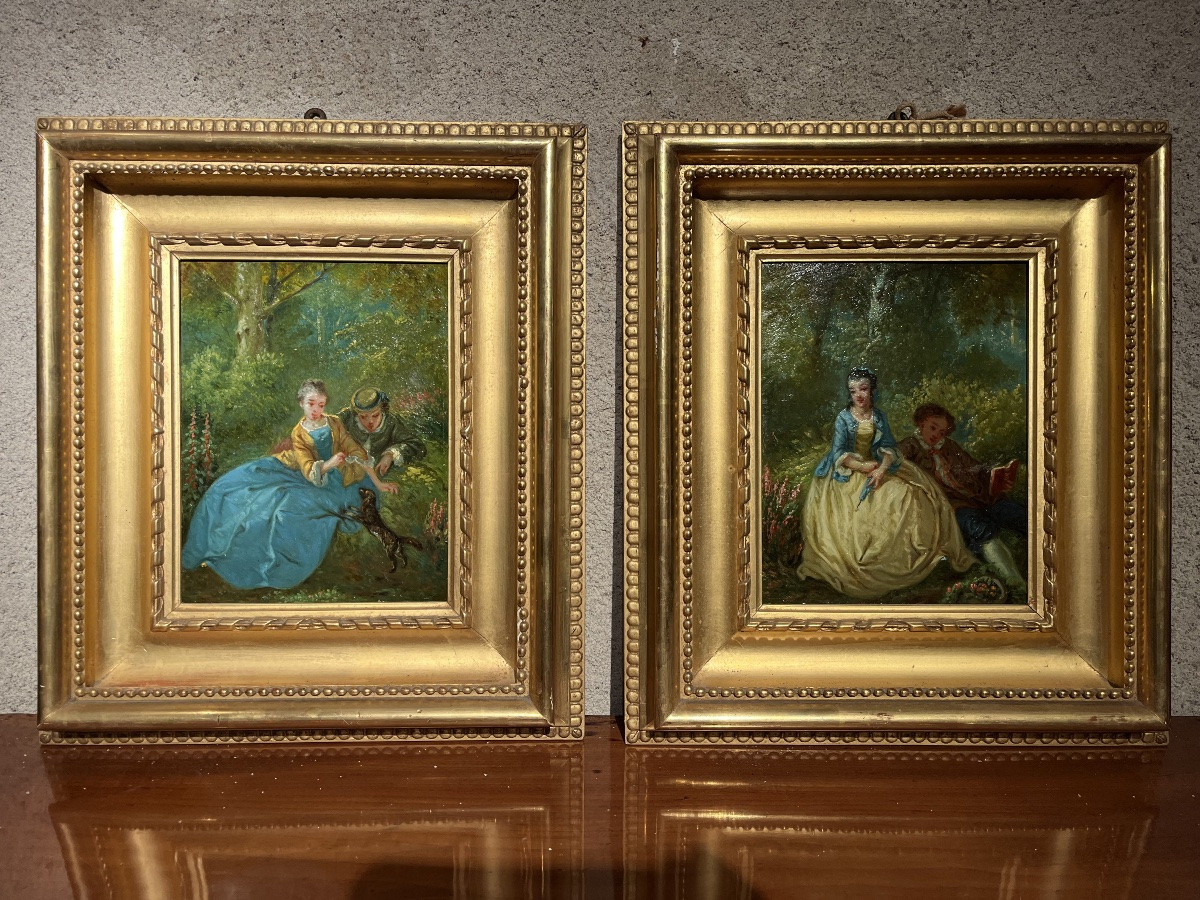Scènes galantes - deux huiles sur panneau XIXe-photo-4