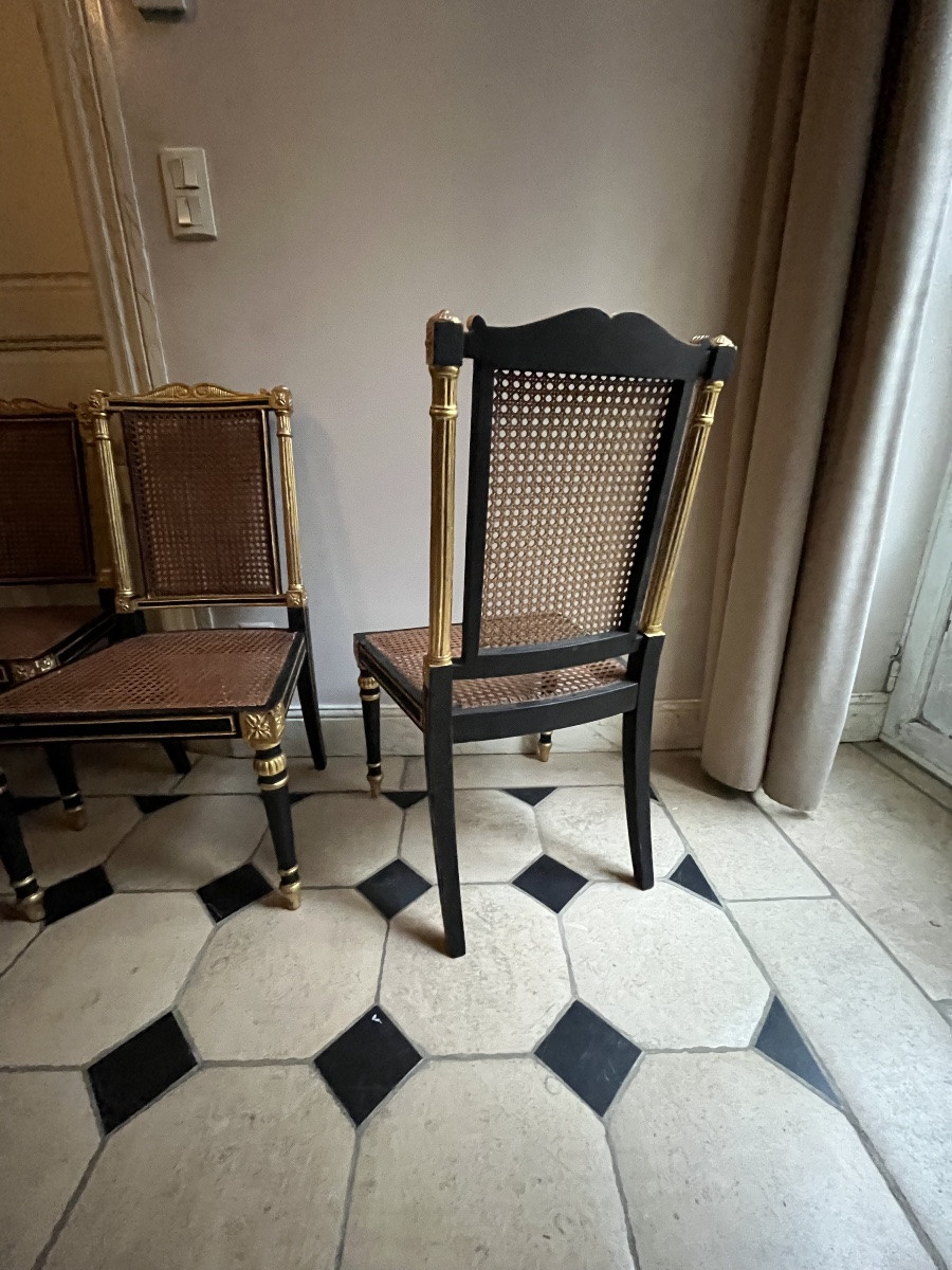 Suite de 6 chaises cannées en bois laqué noire et doré XIXe-photo-2