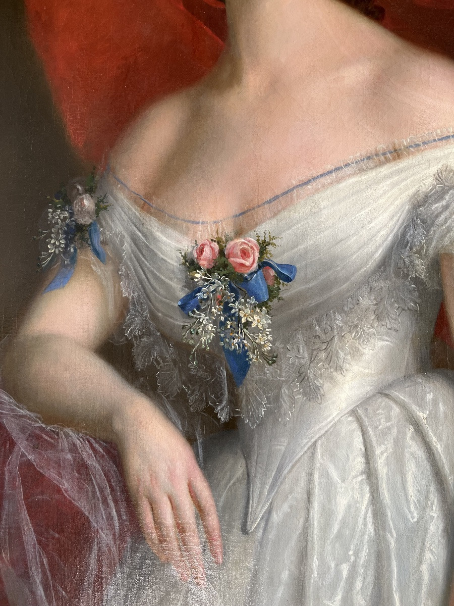 Portrait Of A Woman In A White Dress Signed J. Bertou 1863-photo-2