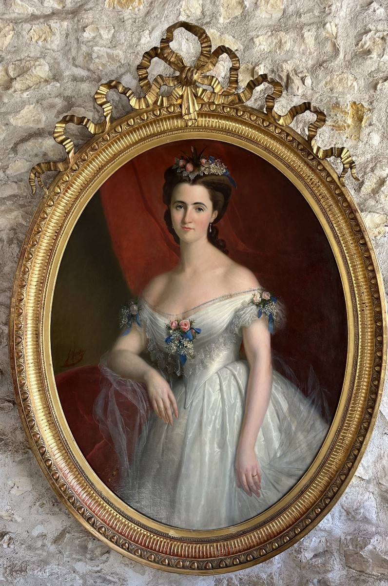 Portrait Of A Woman In A White Dress Signed J. Bertou 1863-photo-5