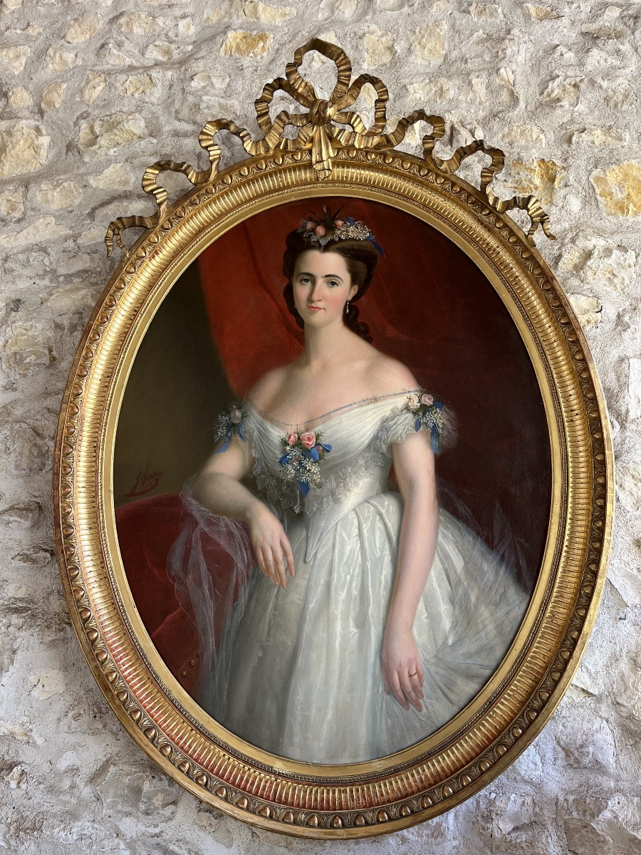 Portrait Of A Woman In A White Dress Signed J. Bertou 1863-photo-6