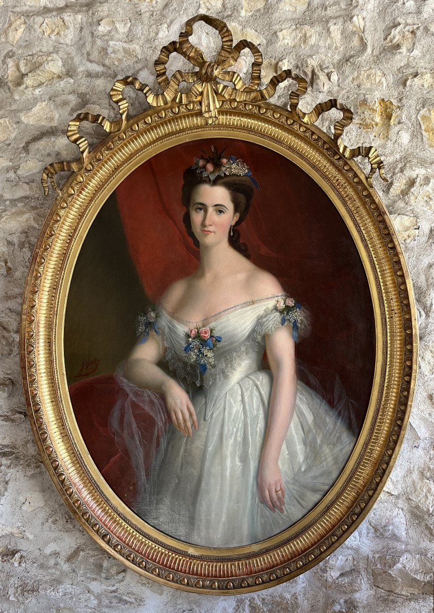 Portrait Of A Woman In A White Dress Signed J. Bertou 1863