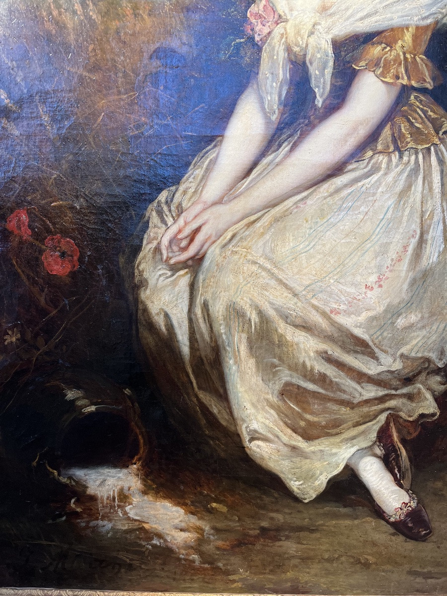 Oil On Canvas - Femme En Pied Au Pot à Eau Xlxe-photo-4