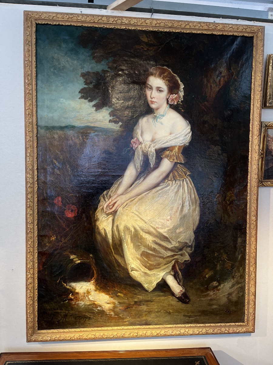 Oil On Canvas - Femme En Pied Au Pot à Eau Xlxe-photo-1