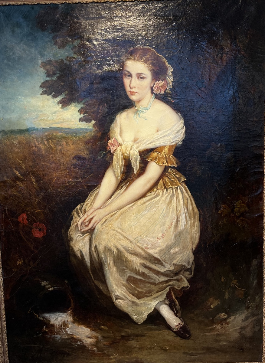 Oil On Canvas - Femme En Pied Au Pot à Eau Xlxe