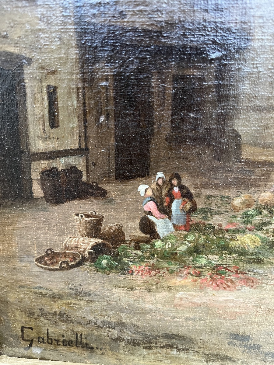 Huile sur toile scène de marché signée Gabrielli-photo-3