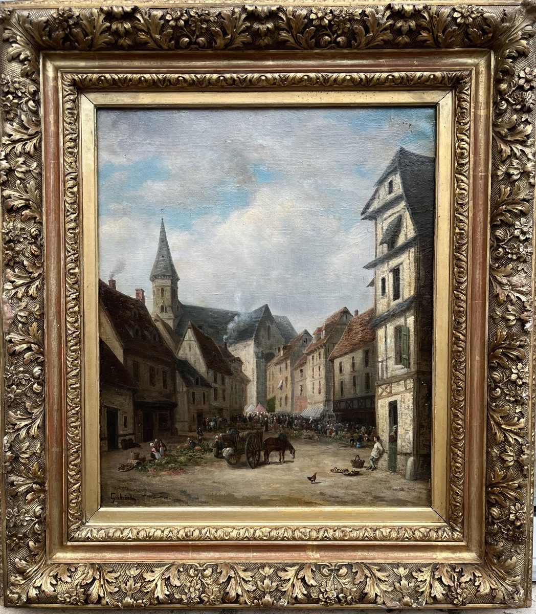 Huile sur toile scène de marché signée Gabrielli