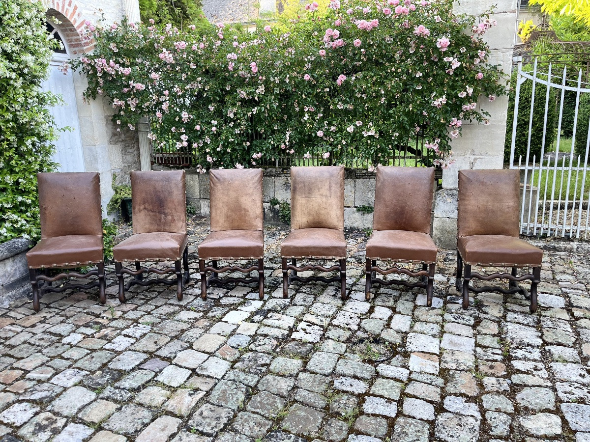 Suite Of 6 Louis XIII Style Chairs With Leather Seats-photo-2