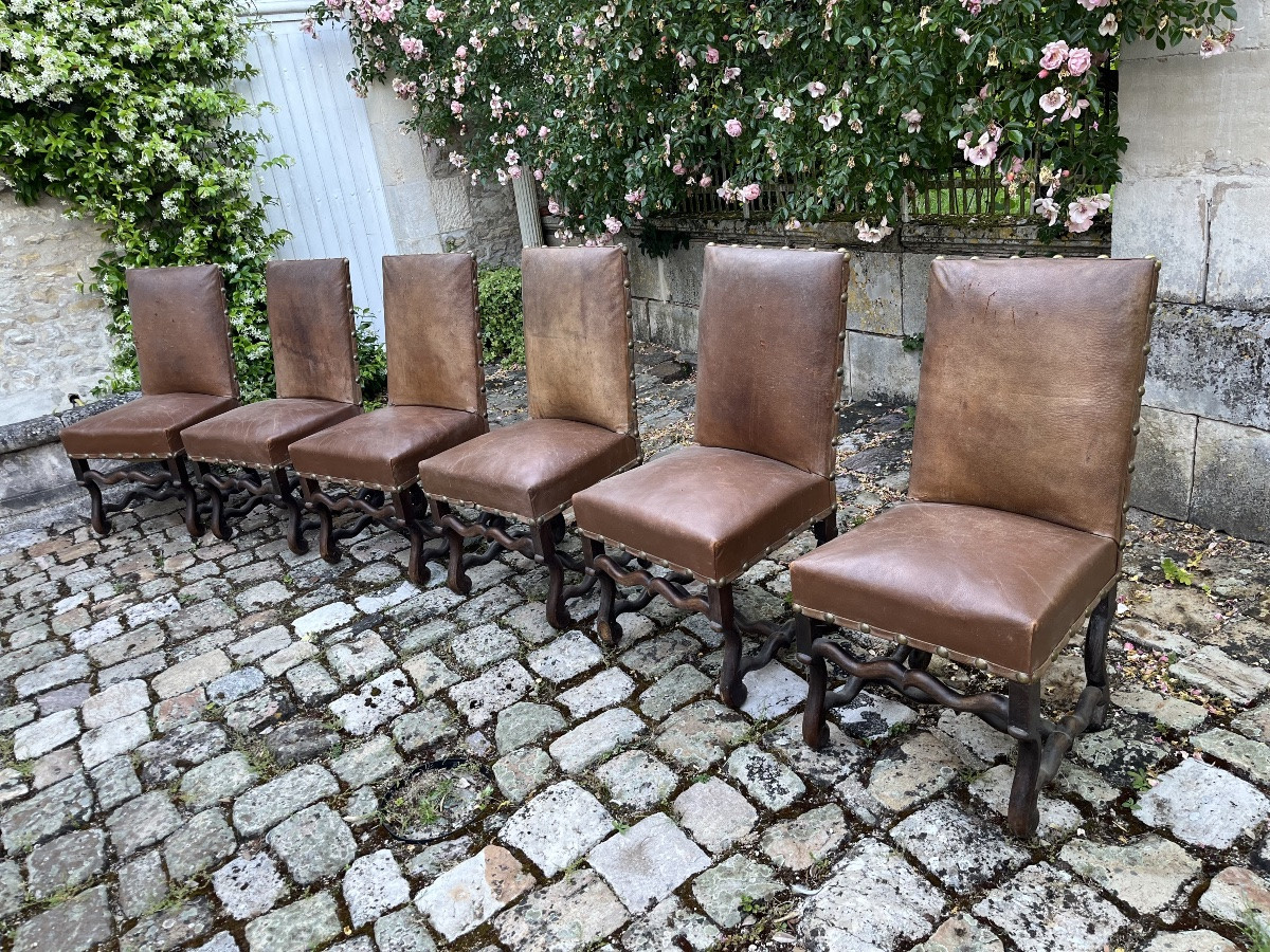 Suite Of 6 Louis XIII Style Chairs With Leather Seats-photo-5