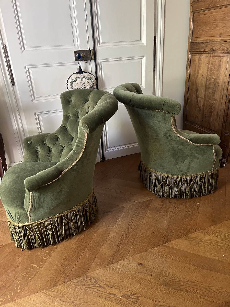 Paire de chauffeuses en velour vert d’époque NIII-photo-3