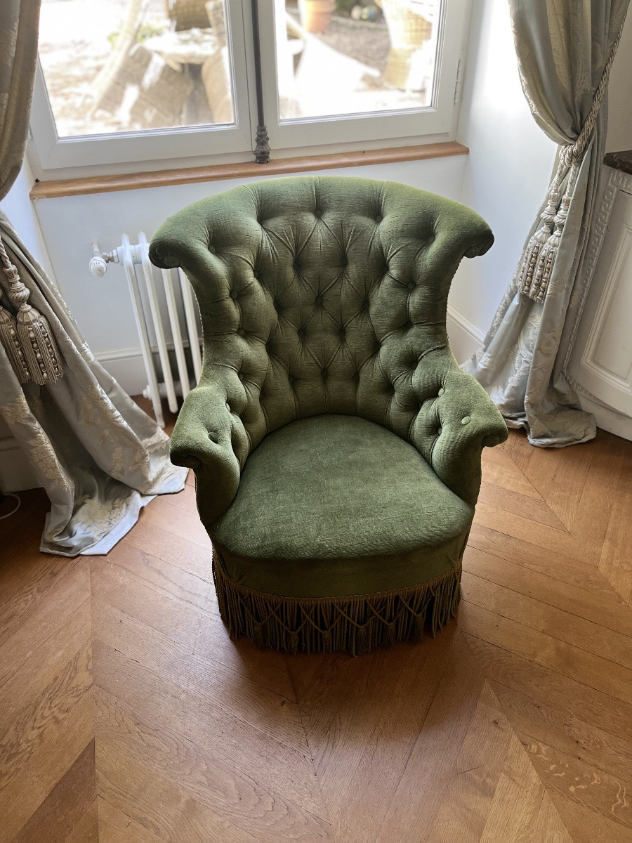 Paire de chauffeuses en velour vert d’époque NIII-photo-4