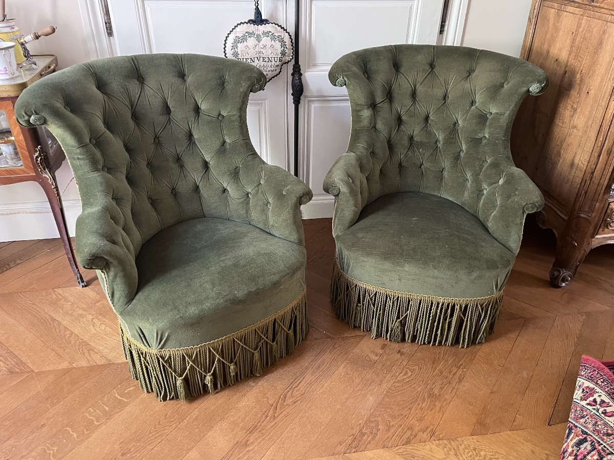 Paire de chauffeuses en velour vert d’époque NIII-photo-5