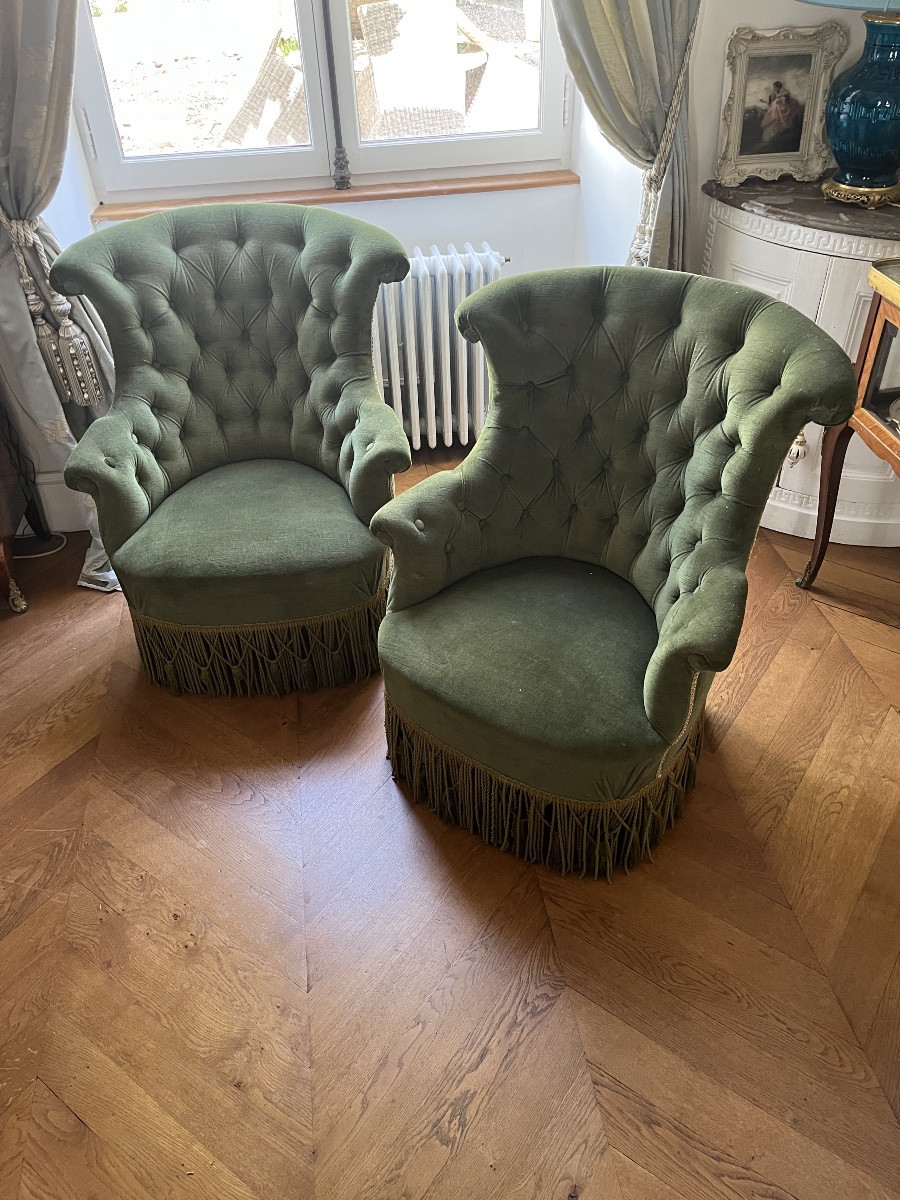 Paire de chauffeuses en velour vert d’époque NIII-photo-6