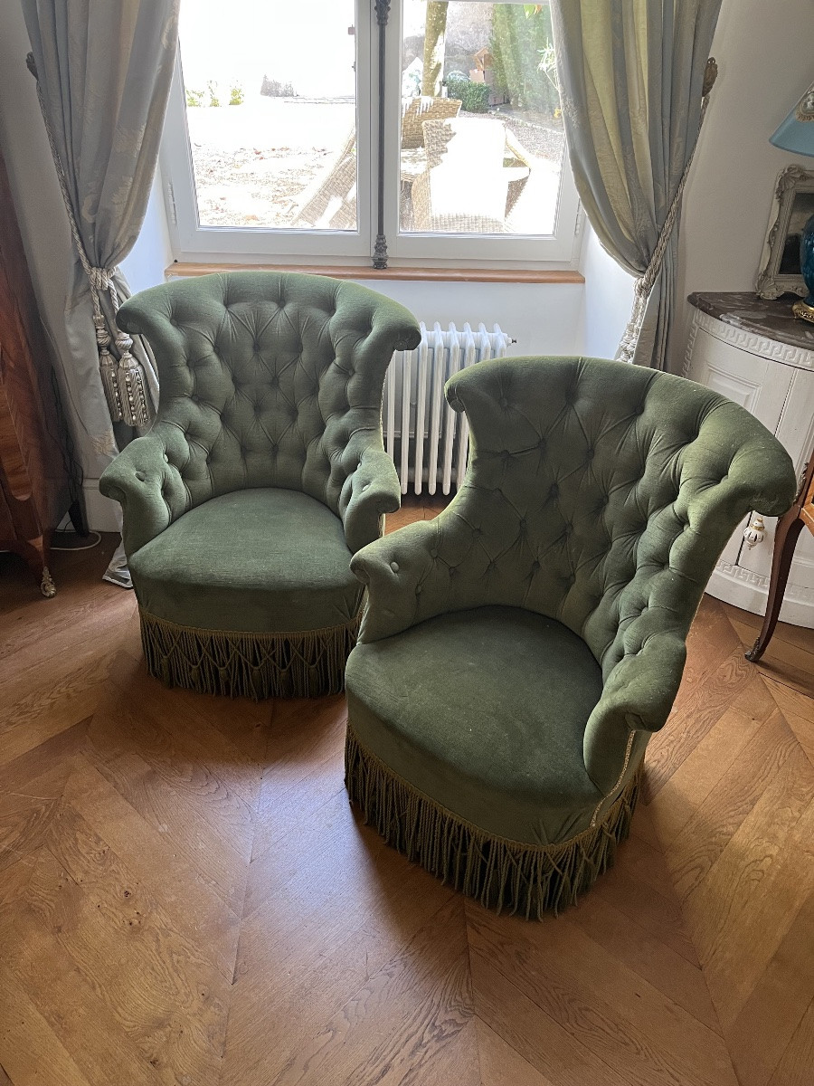 Paire de chauffeuses en velour vert d’époque NIII-photo-7