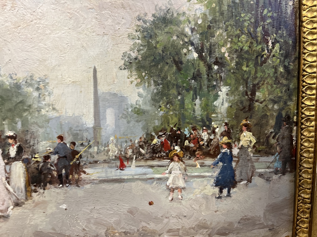 Animation Aux Champs élysées - Oil On Panel 19th Century-photo-2