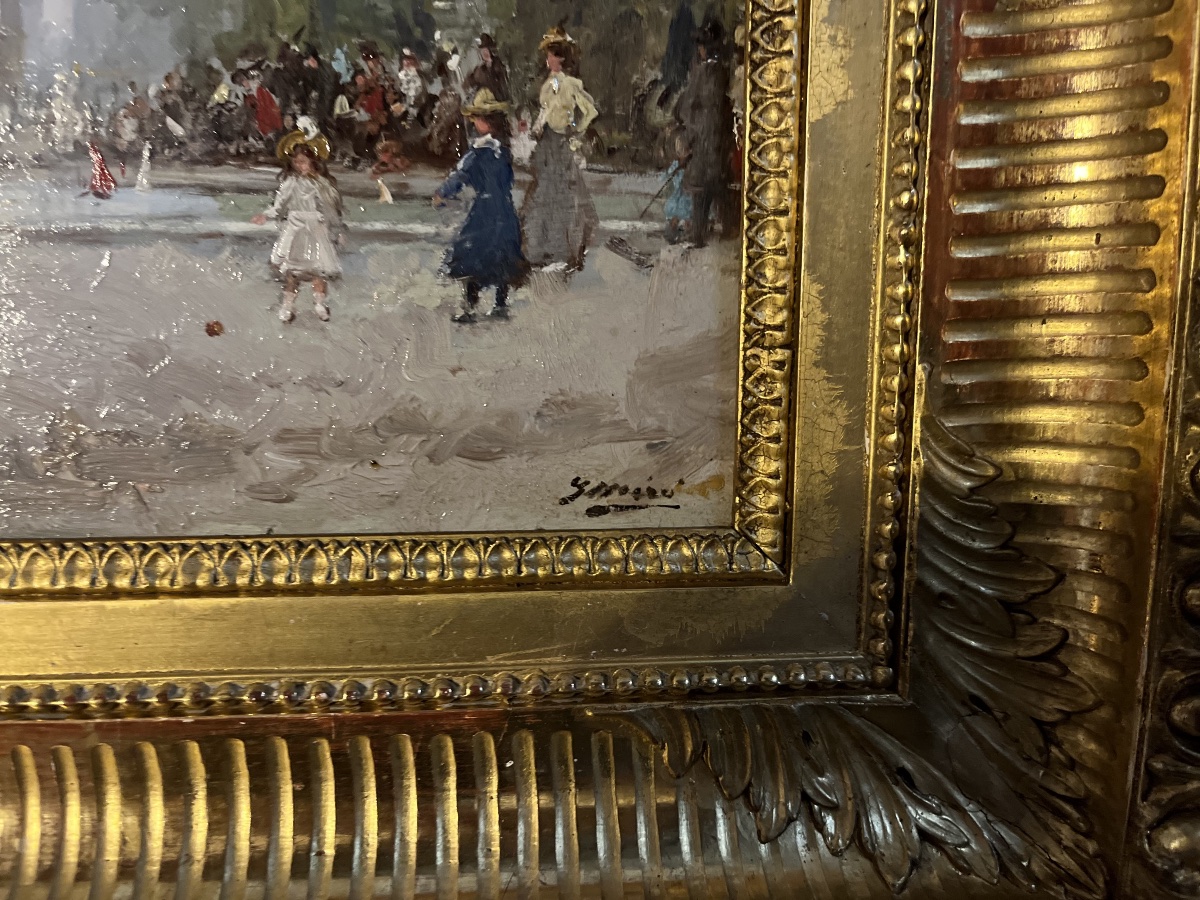 Animation Aux Champs élysées - Oil On Panel 19th Century-photo-3