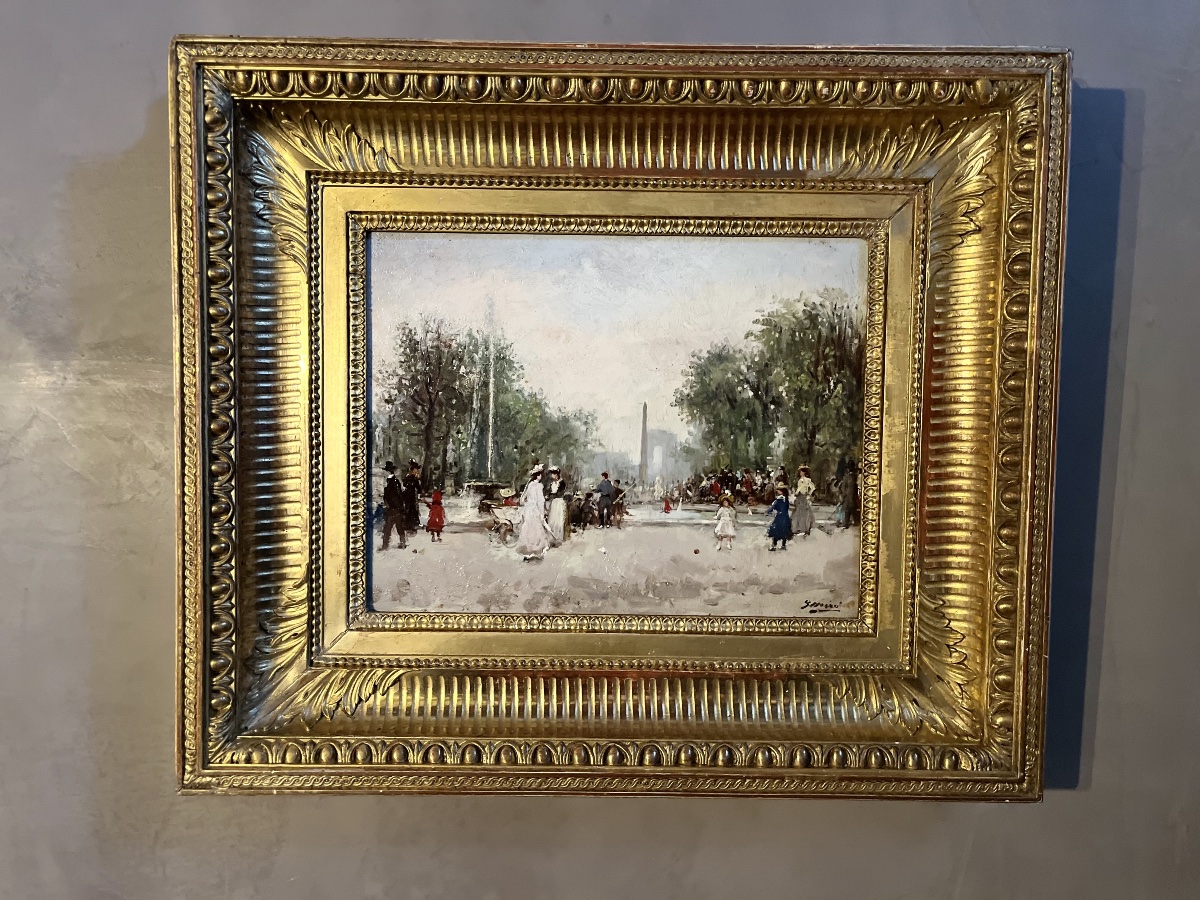 Animation Aux Champs élysées - Oil On Panel 19th Century-photo-4