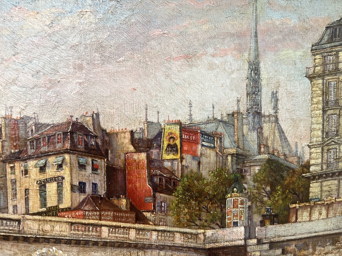 Pont de paris - huile toile époque 1900-photo-2