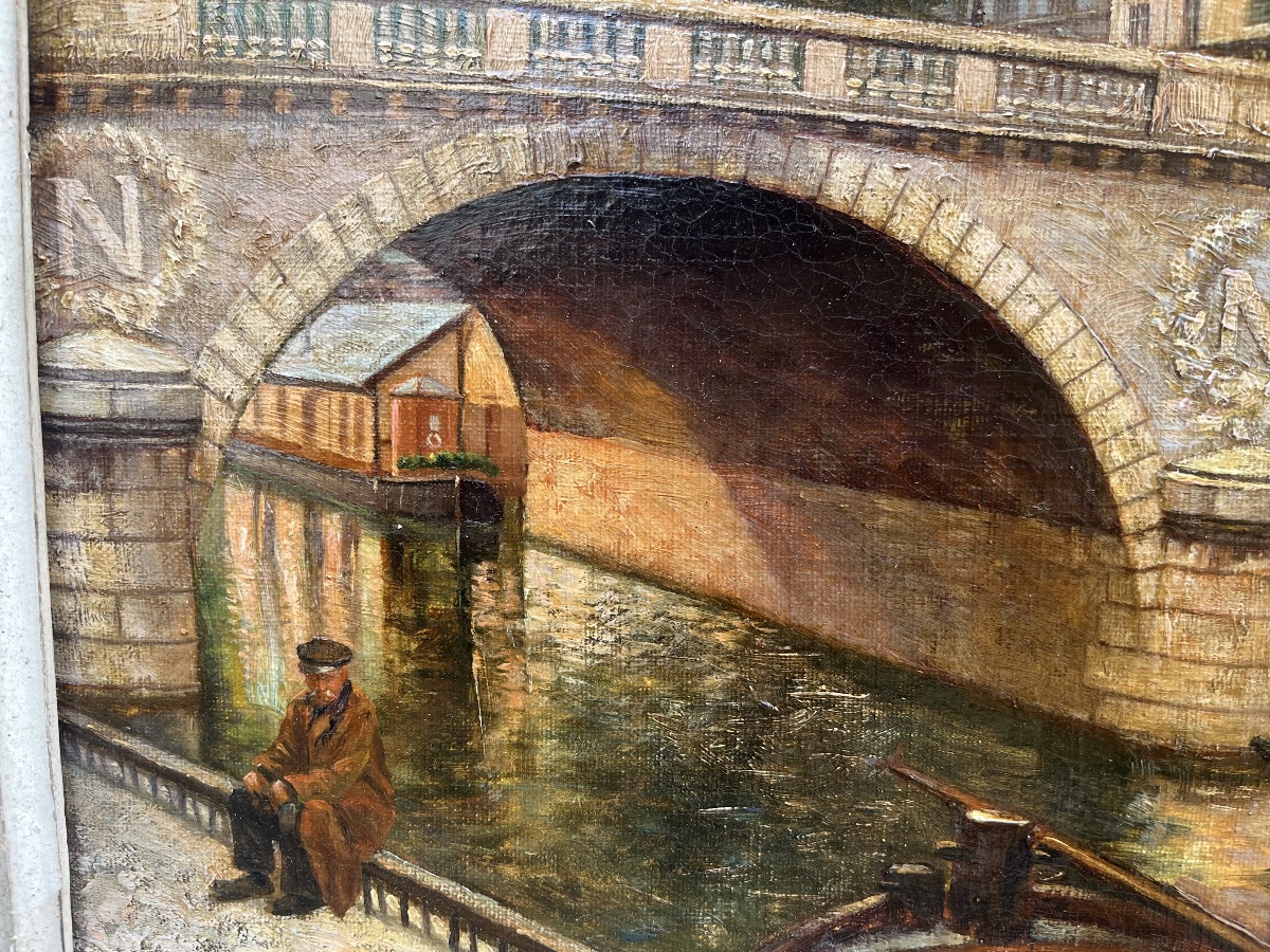 Pont de paris - huile toile époque 1900-photo-3