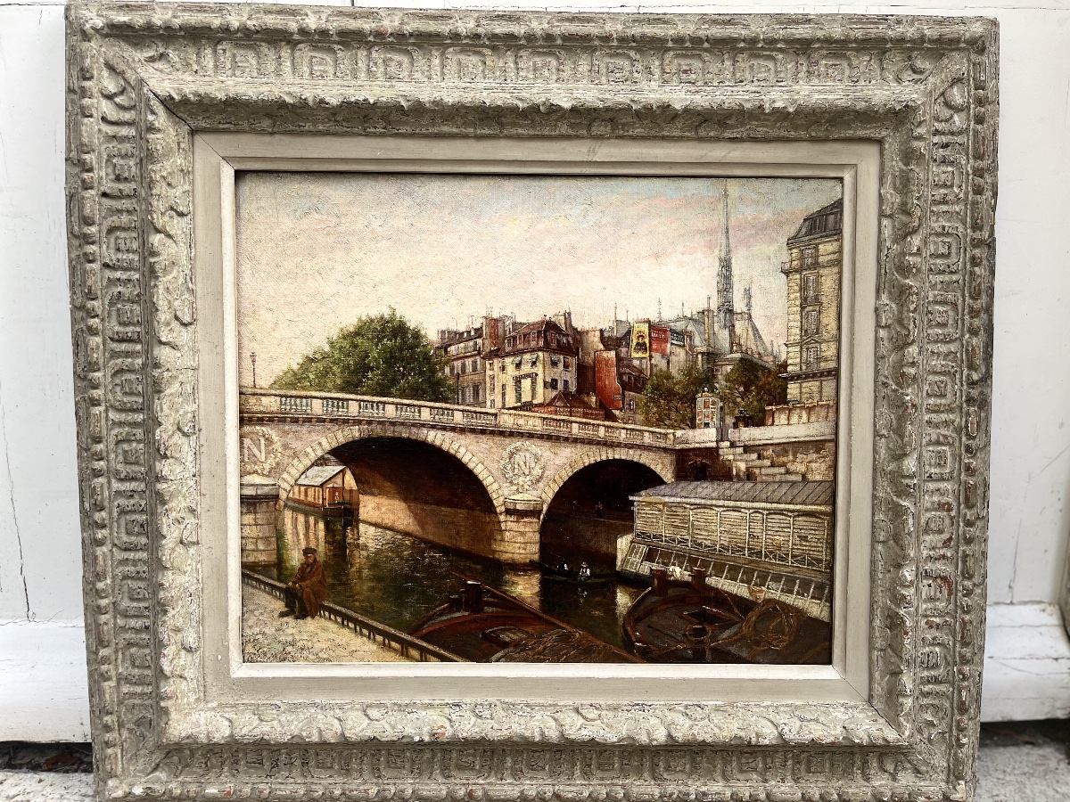 Pont de paris - huile toile époque 1900-photo-6