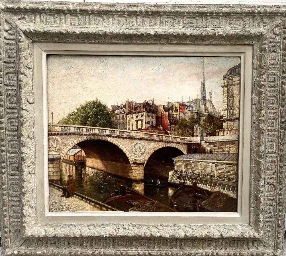 Pont de paris - huile toile époque 1900