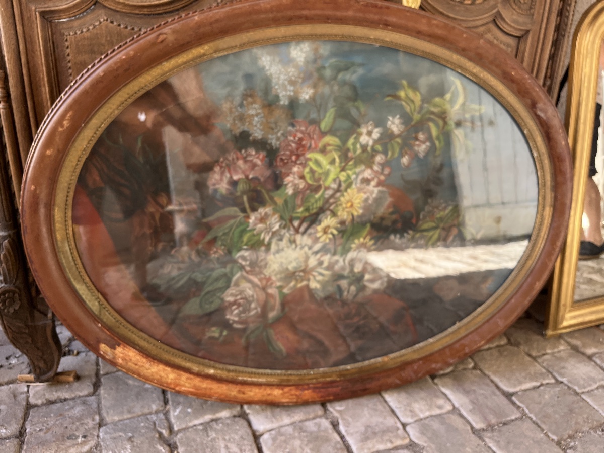Grand pastel de fleurs ovale  XIXe-photo-2