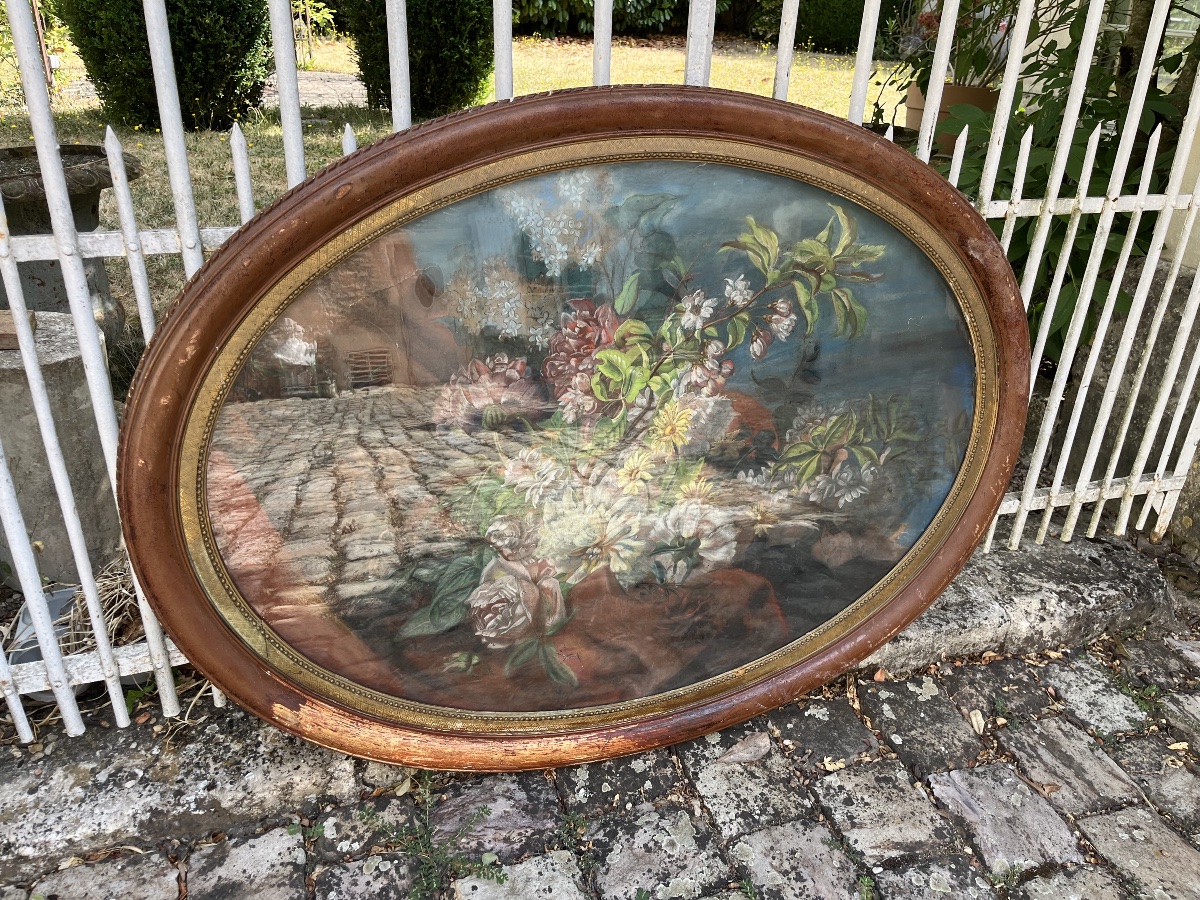 Grand pastel de fleurs ovale  XIXe-photo-4