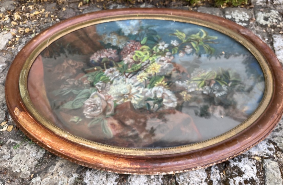 Grand pastel de fleurs ovale  XIXe