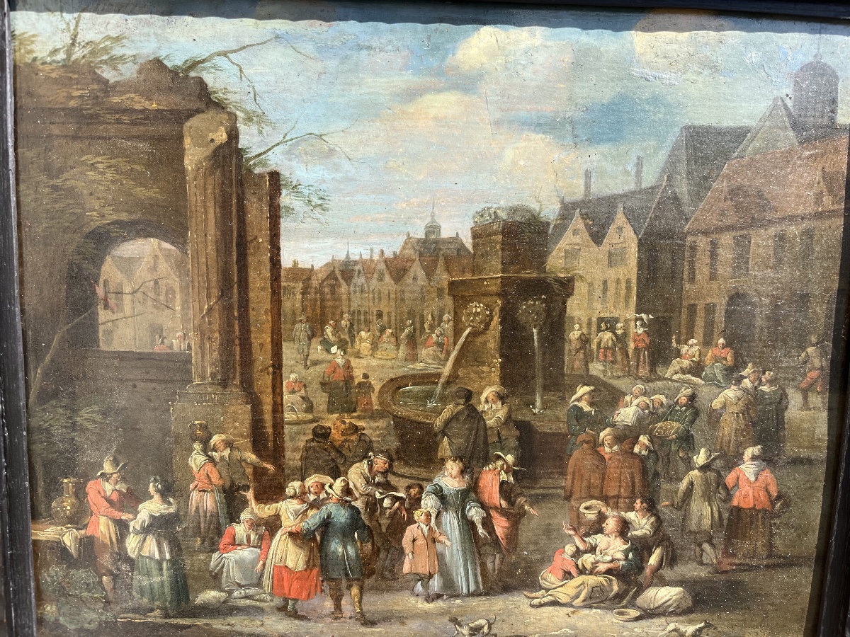 17th-century Flemish Village Scene - Oil On Panel -photo-2