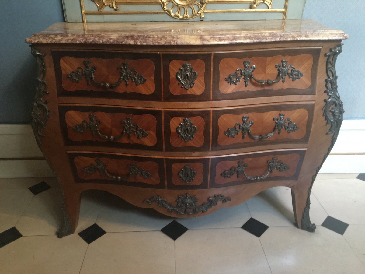 Commode De Style Louis XV En Marqueterie-photo-2