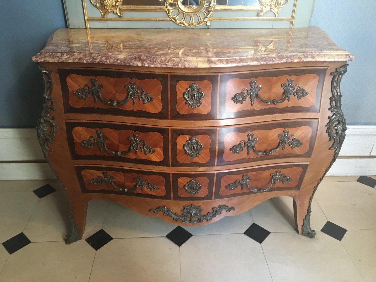 Commode De Style Louis XV En Marqueterie-photo-3