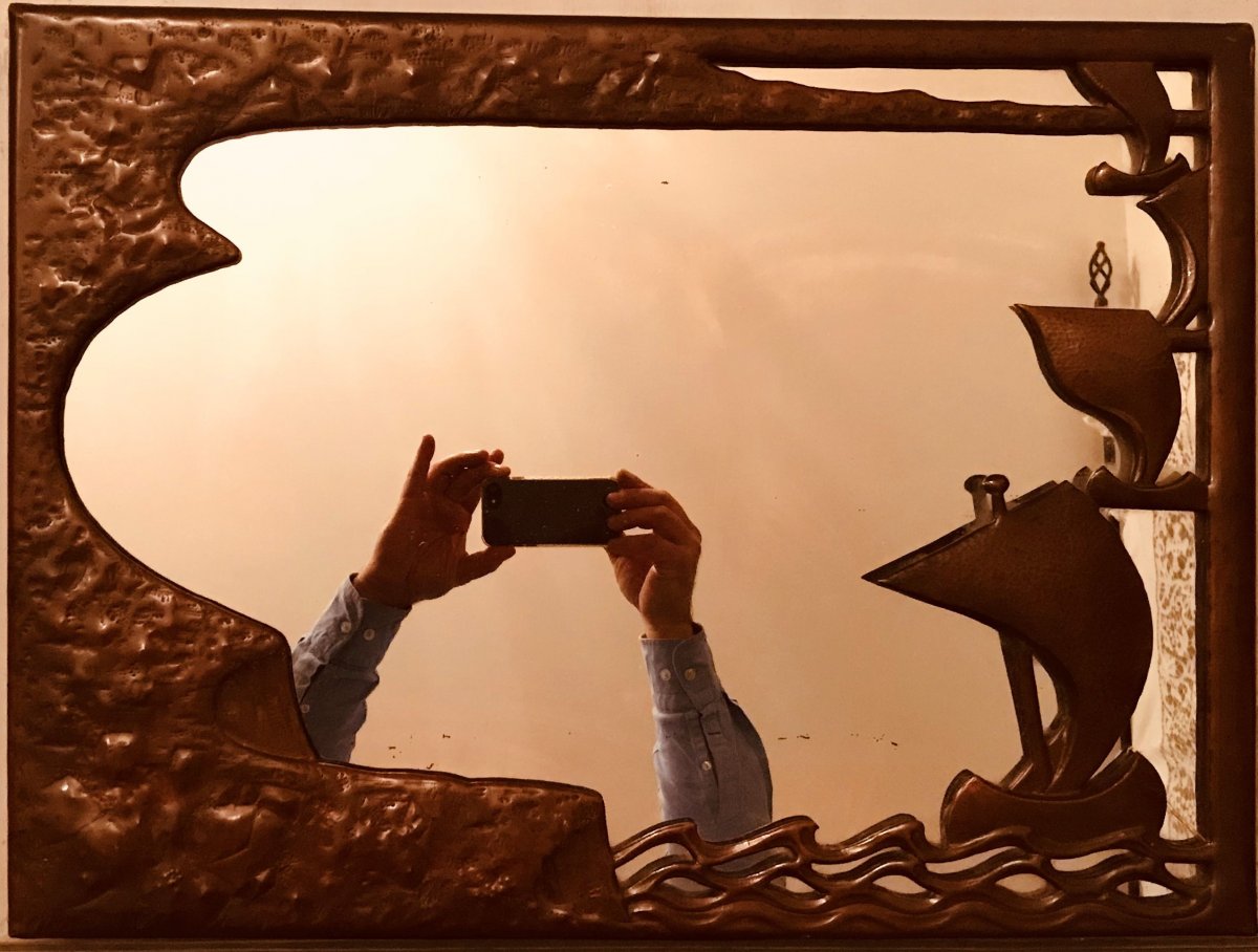 Miroir En Cuivre Repoussé à à Décor Marin - XXème-photo-2