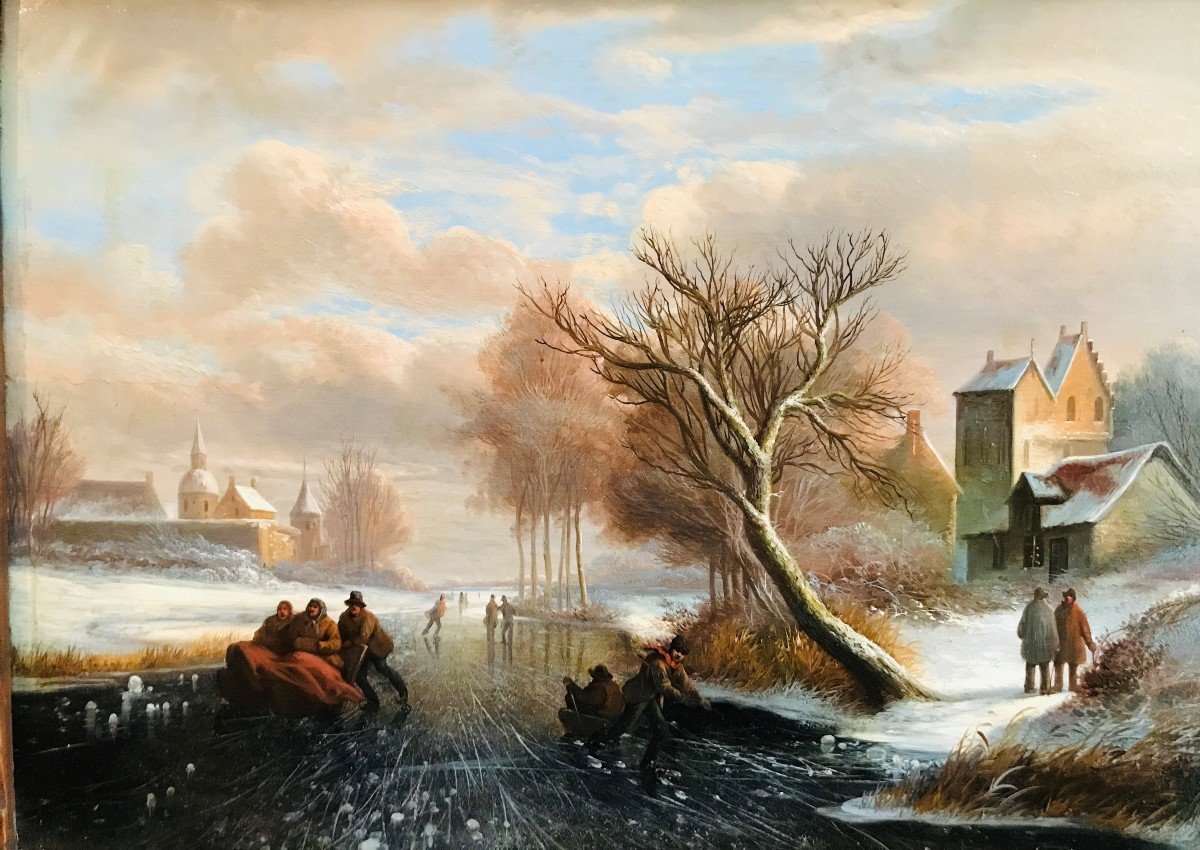 Paysage d'Hiver Avec Des Patineurs - XIXème-photo-3