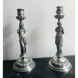 Pair Of Candlesticks In Silver Bronze - F. Barbedienne