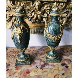 Pair Of Cassolettes In Green Marble - Napoleon III