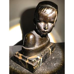 Buste d'Enfant Au Bonnet En Bronze    Par Cranney-franceschi