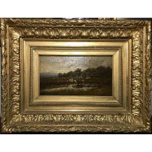 Oil On Mahogany Panel 19th Century "pastoral Scene"