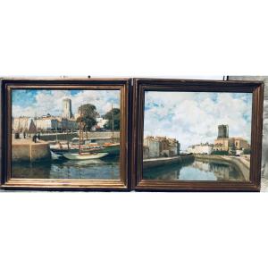 Pair Of Oils On Canvas: Port Of La Rochelle 