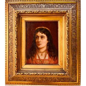 Portrait D’une Jeune Orientale - Huile Sur Panneau Acajou Signée émile Nélis