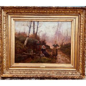 Huile Sur Toile  : La Pose Des Bretonnes En Sous Bois Par Deyrolle