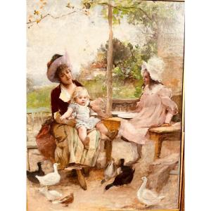 Huile Sur Toile Par Pinchart - pose à la ferme